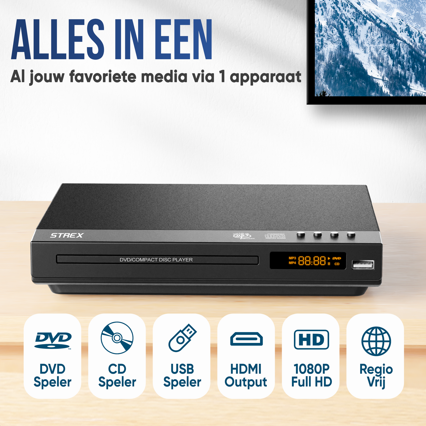 Strex DVD Speler Met HDMI - Full HD 1080P - Afstandsbediening - USB - HDMI/RCA - Regio Vrij - Zwart