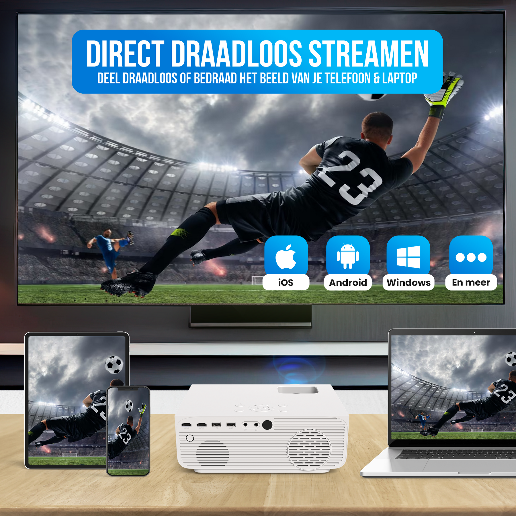 Strex Beamer - 1080P Full HD - 15000 Lumen - Draadloos Streamen - WiFi - Bluetooth - Mini Beamer - Projector