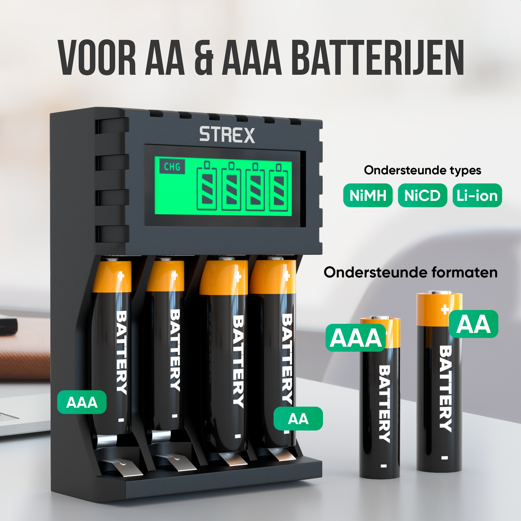 Strex Batterij Oplader - AA/AAA Batterijen - USB Oplaadbaar - LCD Display - Universele Batterijlader Voor Oplaadbare Batterijen