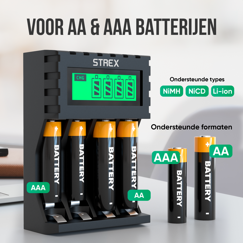Strex Batterij Oplader - AA/AAA Batterijen - USB Oplaadbaar - LCD Display - Universele Batterijlader Voor Oplaadbare Batterijen