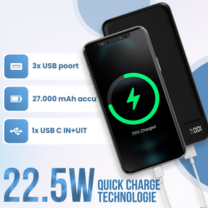 Strex Powerbank - 27.000 mAh - 22.5W Snellader - USB-A/USB-C - LED Indicatie - Universele Powerbank voor o.a. iPhone/Samsung