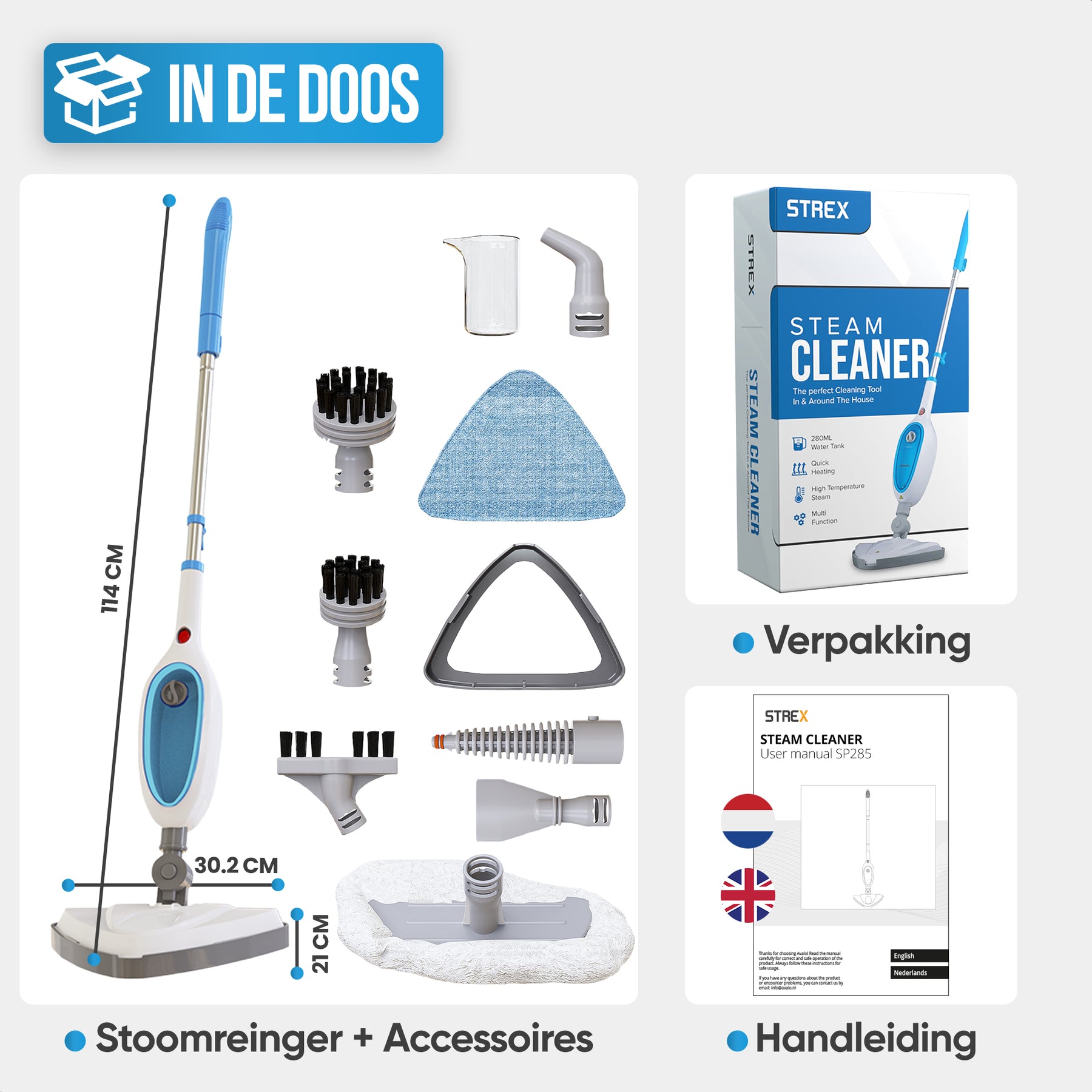Strex 12 in 1 Stoomreiniger & Handstomer - Tapijtreiniger / Stoom Reinigingsmachine / Vlekkenreiniger - Voor Harde/Zachte Ondergronden