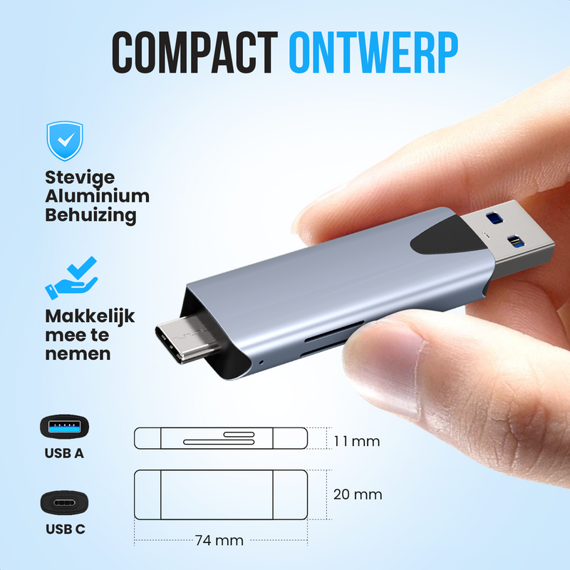 Strex Kaartlezer - Card Reader - USB 3.0/USB C - 2-In-1 - SD Kaart/TF Kaart - Geheugenkaartlezer