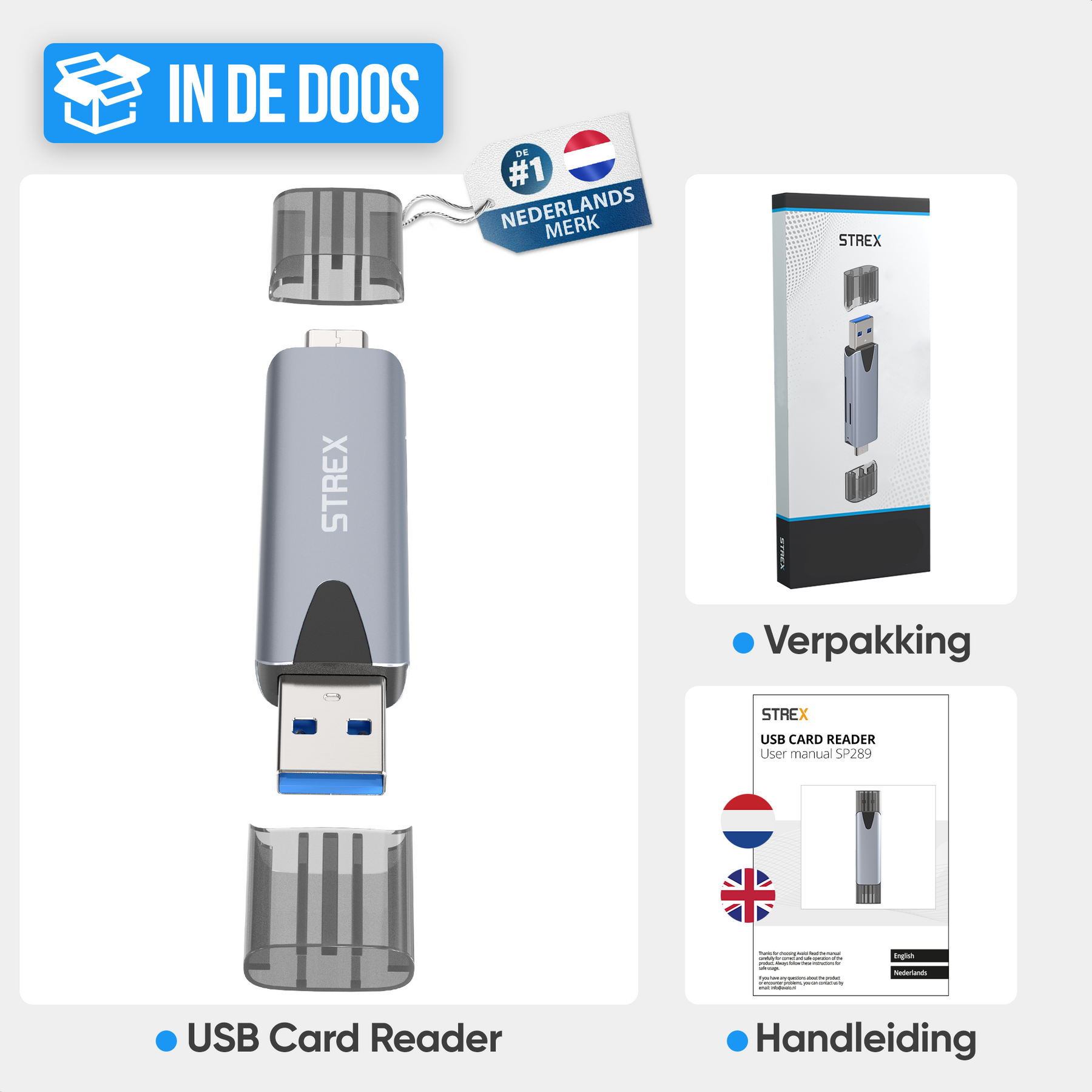 Strex Kaartlezer - Card Reader - USB 3.0/USB C - 2-In-1 - SD Kaart/TF Kaart - Geheugenkaartlezer