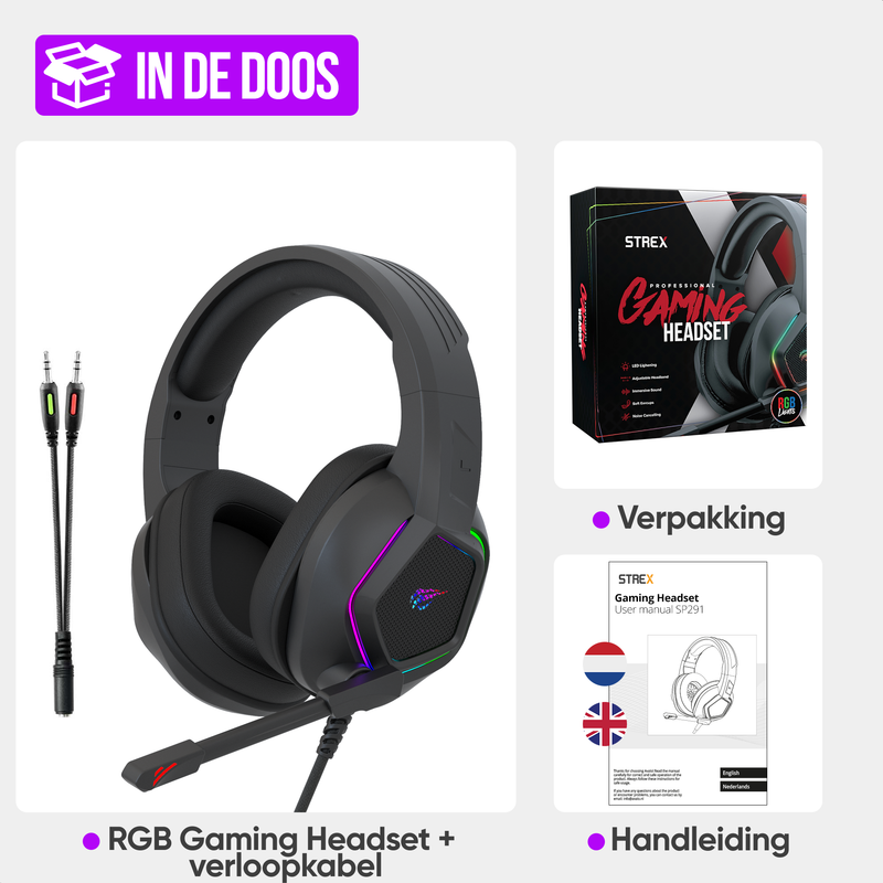 Strex Gaming Headset met Microfoon & RGB Verlichting - 7.1 Surround Sound - PC / PS4 / PS5 / XBOX / Switch