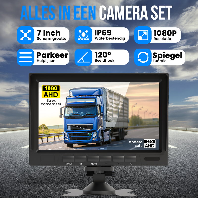 Strex Achteruitrijcamera Set Bedraad HD 1080P - 7" Scherm - 18LED Nachtzicht 15m - IP69 Waterdicht - Achteruitrij Camera
