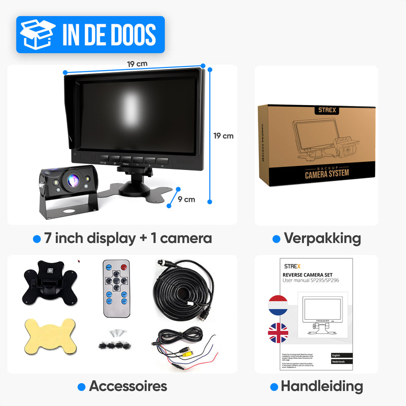Strex Achteruitrijcamera Set Bedraad HD 1080P - 7" Scherm - 18LED Nachtzicht 15m - IP69 Waterdicht - Achteruitrij Camera