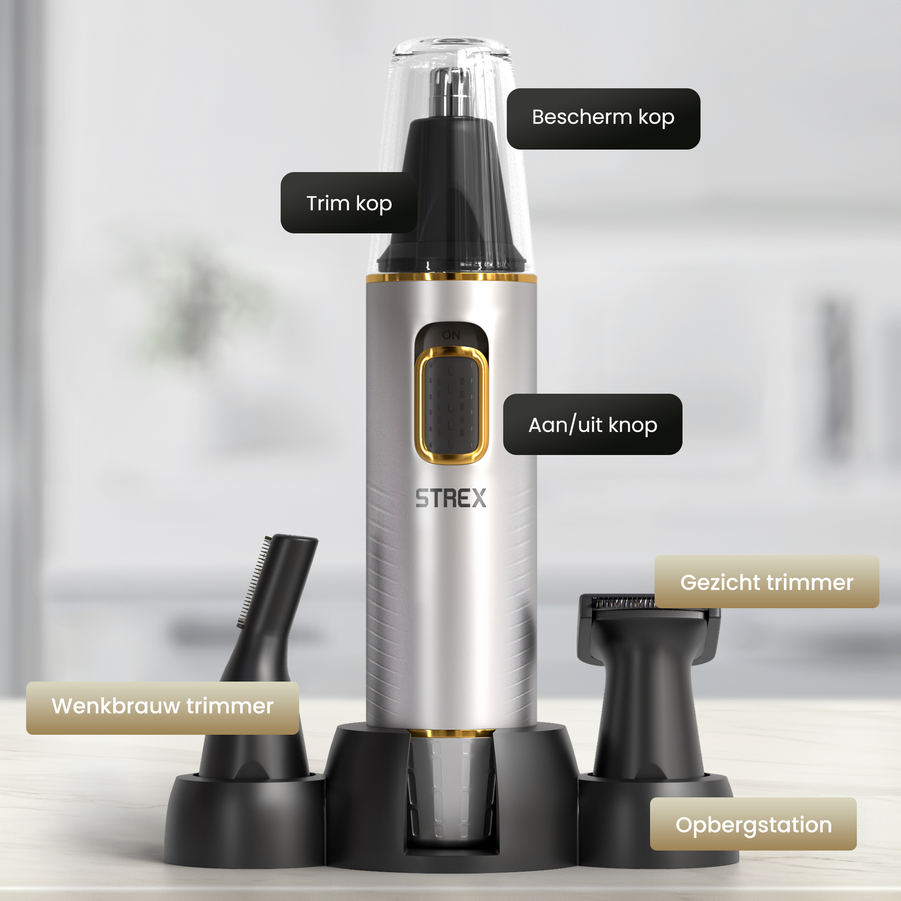 Strex 3 In 1 Neushaartrimmer Set - Oplaadbaar & Afspoelbaar - Neustrimmer / Oortrimmer / Wenkbrauwtrimmer / Baardtrimmer - Mannen & Vrouwen