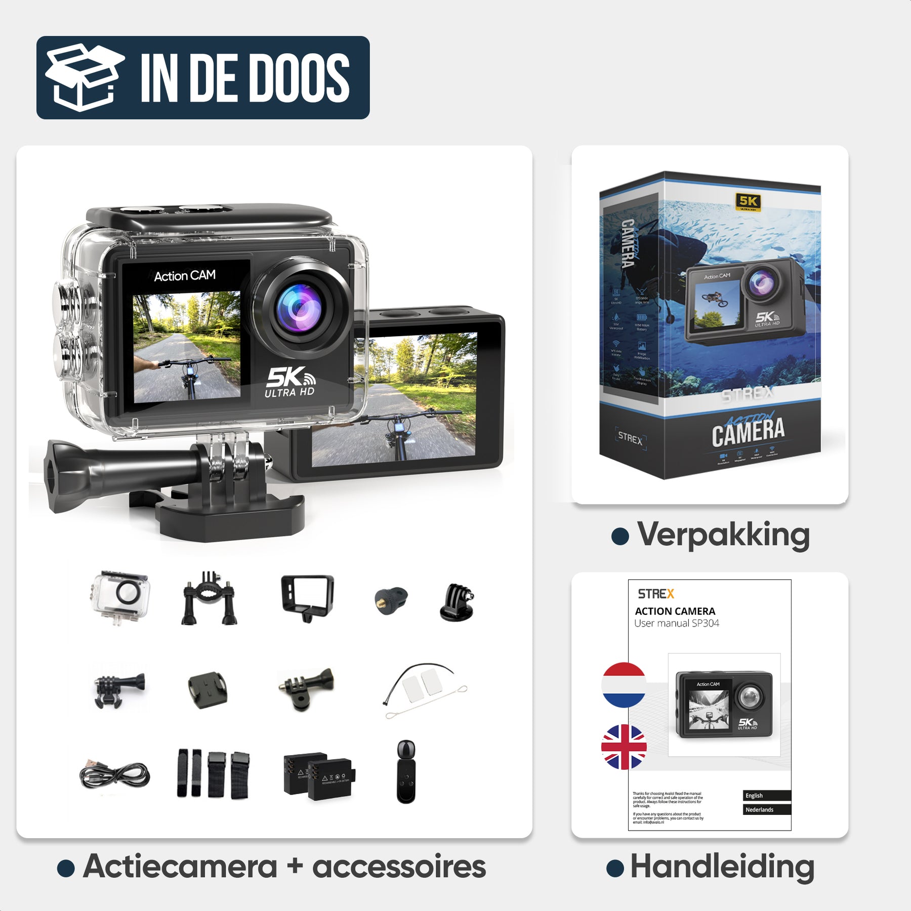 Strex Action Camera 5K 50MP - 60FPS / 30M Waterdicht / WiFi - Touchscreen - Externe Microfoon - Inclusief Accessoires - Actiecamera - Onderwatercamera