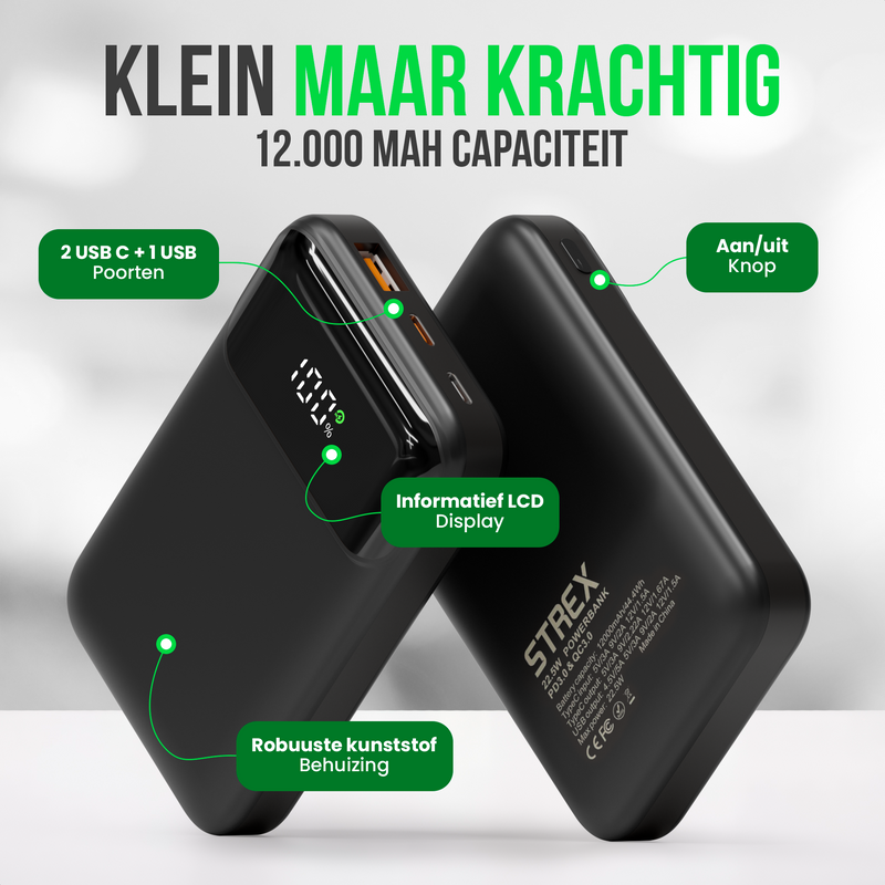 Strex Powerbank - 12.000 mAh - 22.5W Snellader - USB-A/USB-C - LED Indicatie - Universele Powerbank geschikt voor o.a. iOS/Android