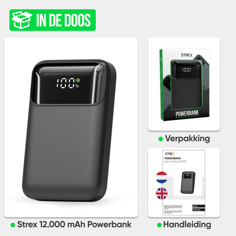 Strex Powerbank - 12.000 mAh - 22.5W Snellader - USB-A/USB-C - LED Indicatie - Universele Powerbank geschikt voor o.a. iOS/Android