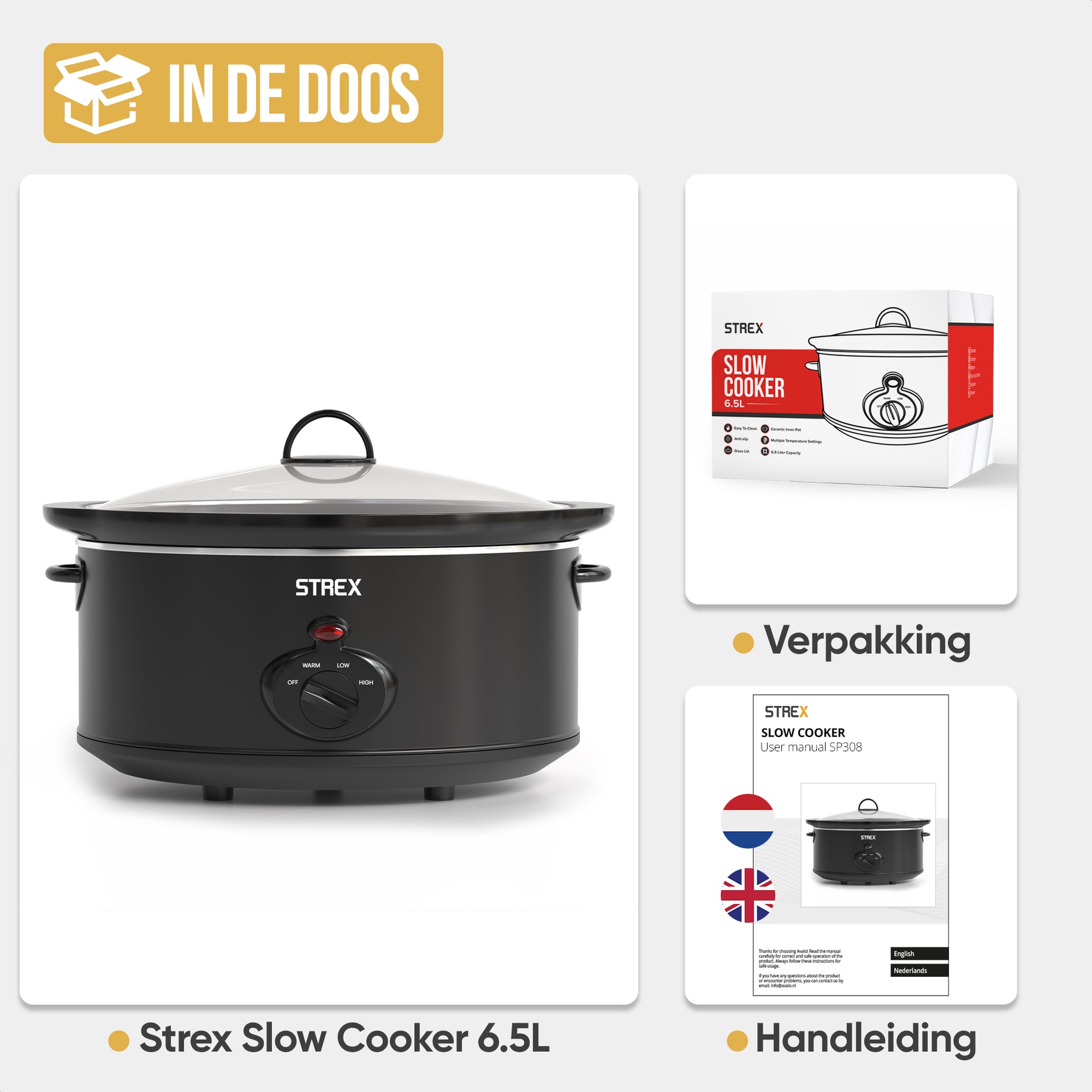 Strex Slowcooker 6.5L - Uitneembare Keramische Binnenpan - Warmhoudfunctie - Slow Cooker - Zwart