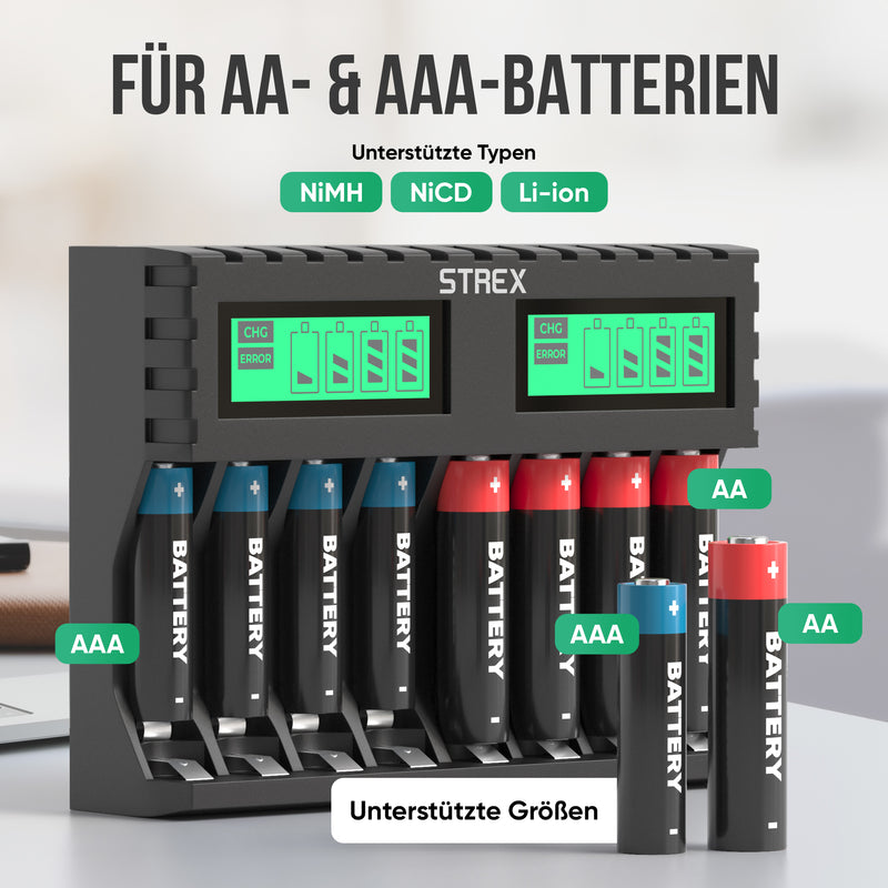 Strex Batterij Oplader - 8x AA/AAA Batterijen - USB Oplaadbaar - LCD Display - Universele Batterijlader Voor Oplaadbare Batterijen