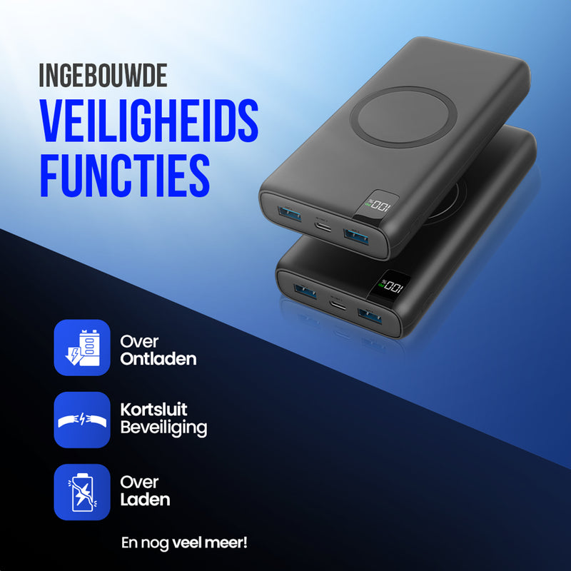 Strex Powerbank met Draadloze Qi Snellader - 27.000 mAh - 22.5W Snellader - Draadloos Opladen - USB-A/USB-C - LED Indicatie - Universele Powerbank geschikt voor o.a. iOS/Android