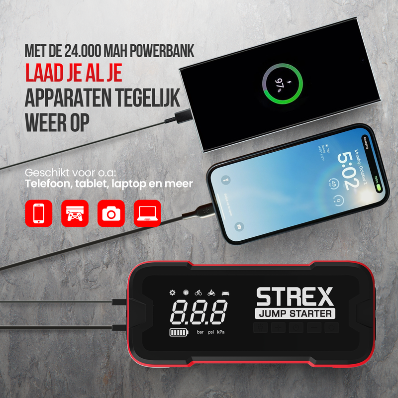 Strex 12V Jumpstarter voor Auto met Compressor - 4000A / 24.000 mAh - 5-in-1 Starthulp met Compressor, Powerbank, LED Zaklamp en SOS Noodlicht - Incl. Hardcover