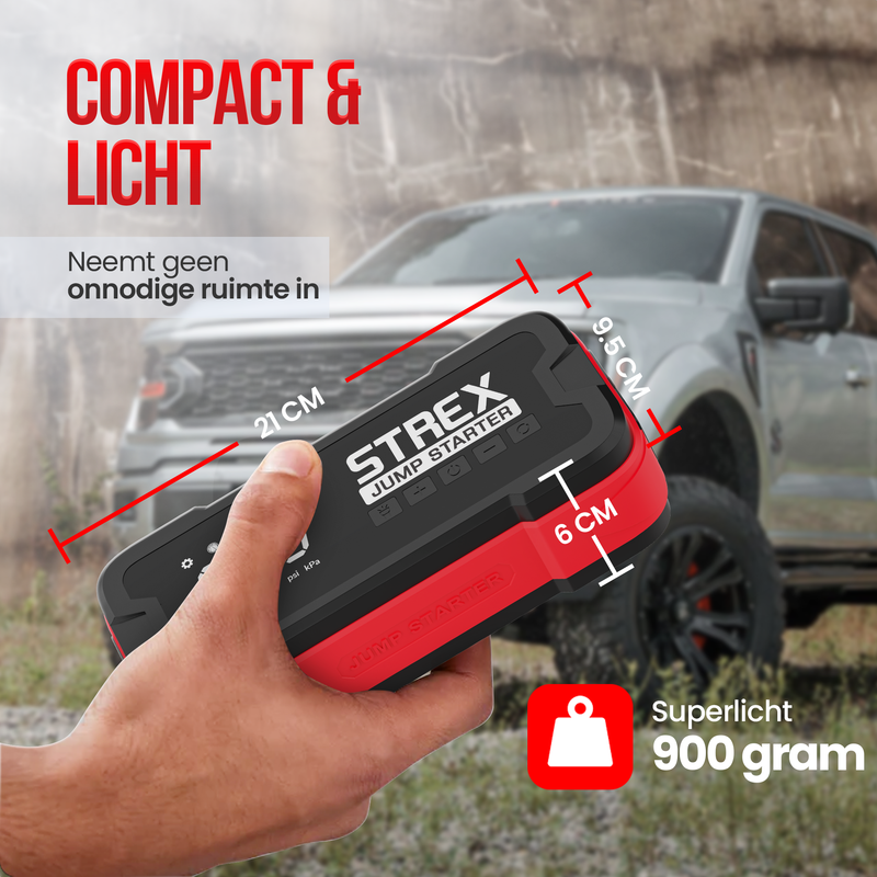 Strex 12V Jumpstarter voor Auto met Compressor - 4000A / 24.000 mAh - 5-in-1 Starthulp met Compressor, Powerbank, LED Zaklamp en SOS Noodlicht - Incl. Hardcover