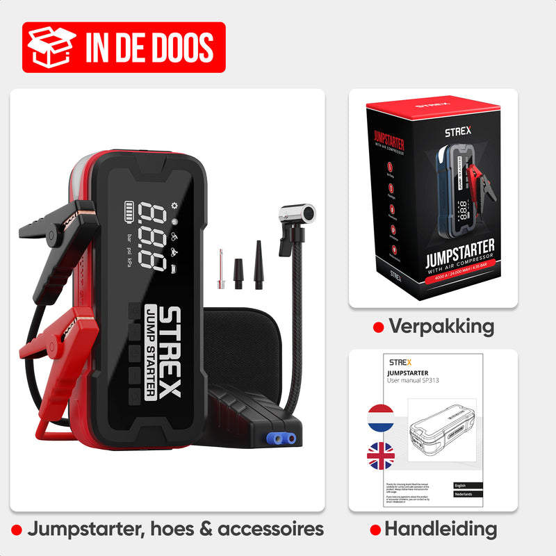 Strex 12V Jumpstarter voor Auto met Compressor - 4000A / 24.000 mAh - 5-in-1 Starthulp met Compressor, Powerbank, LED Zaklamp en SOS Noodlicht - Incl. Hardcover