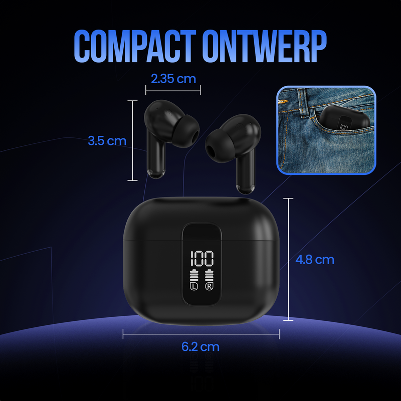 Strex Draadloze Oordopjes - Active Noise Cancelling - LED Display - Draadloze Oortjes Bluetooth - Oortjes Draadloos - Bluetooth 5.3 - Zwart
