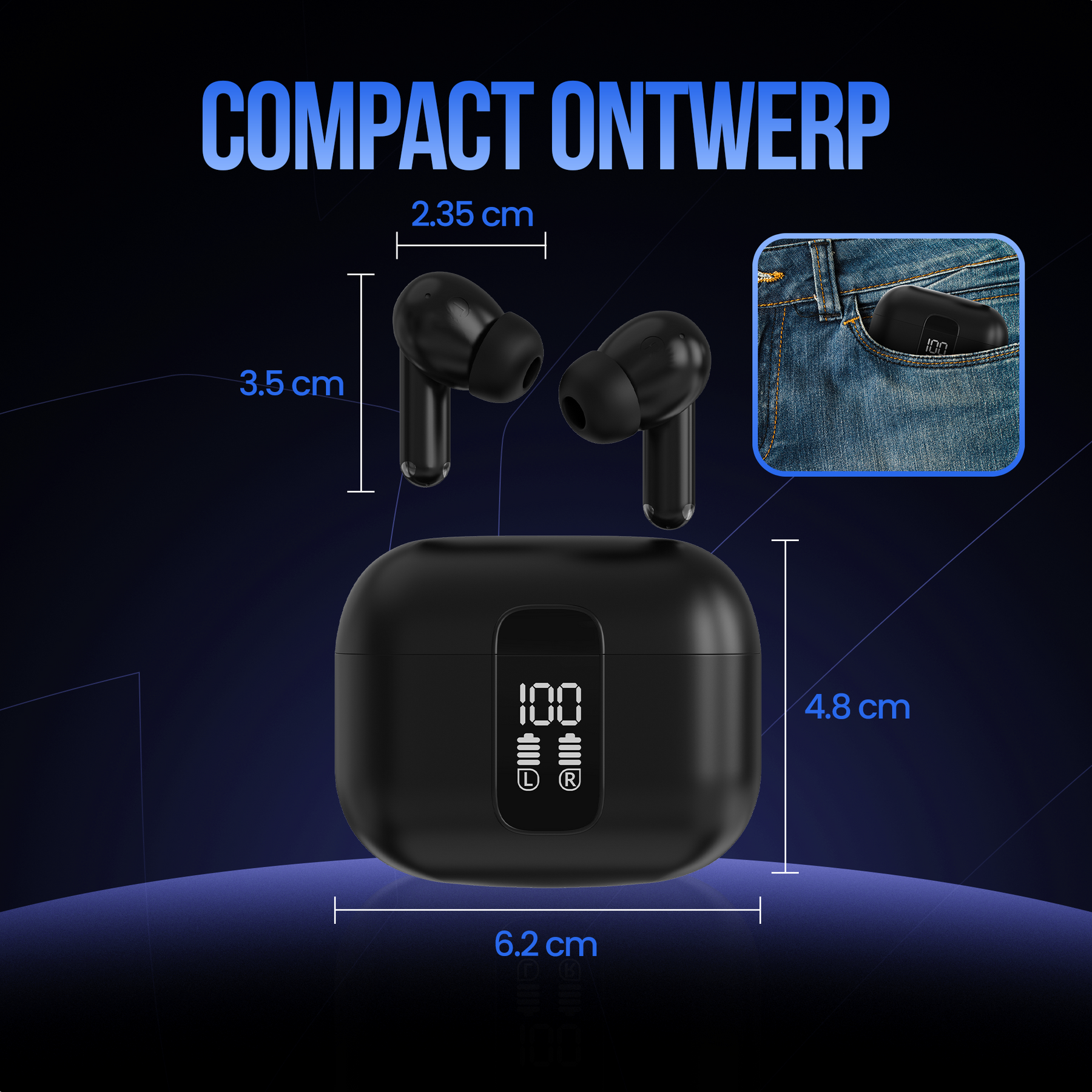 Strex Draadloze Oordopjes - Active Noise Cancelling - LED Display - Draadloze Oortjes Bluetooth - Oortjes Draadloos - Bluetooth 5.3 - Zwart