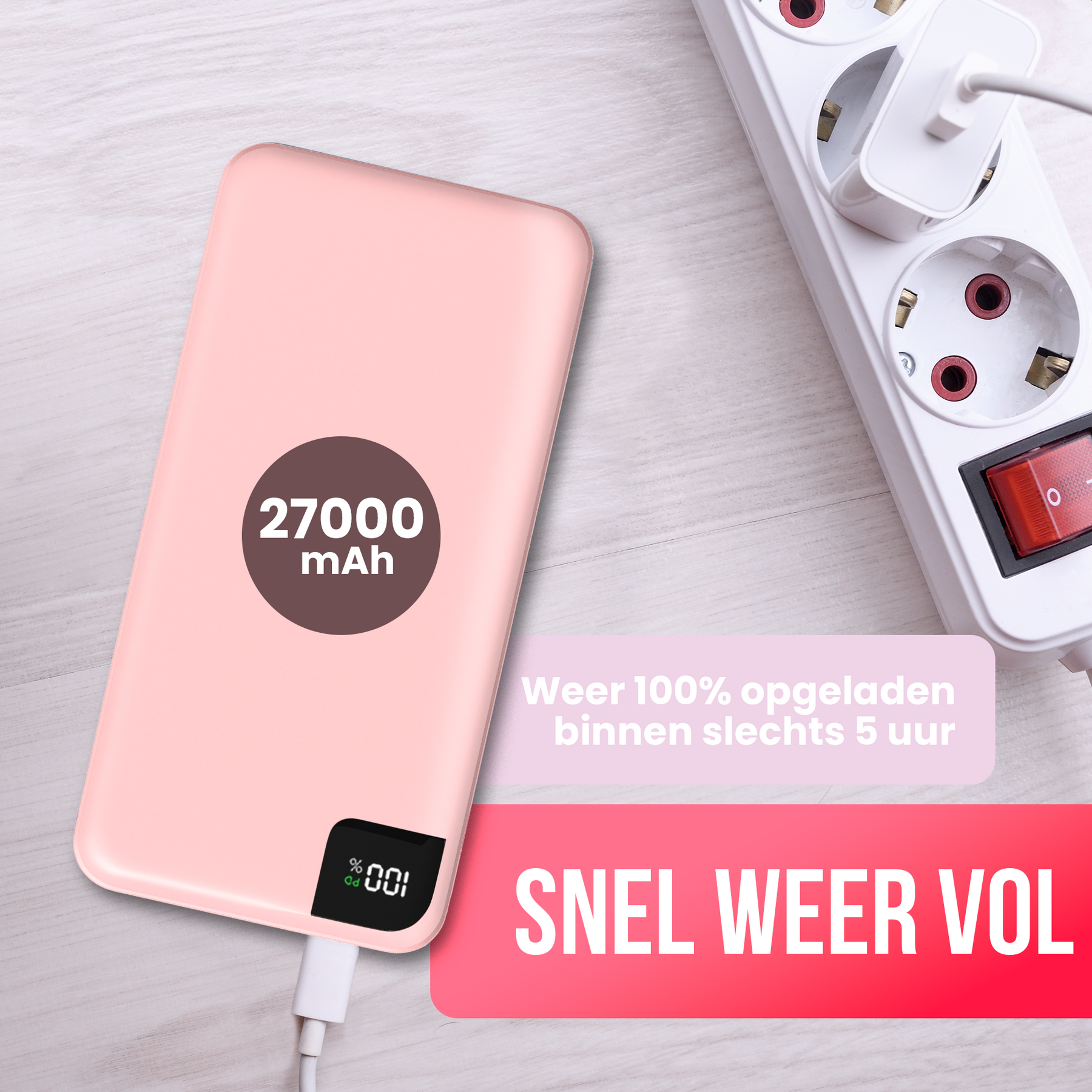 Strex Powerbank Roze - 27.000 mAh - 22.5W Snellader - USB-A/USB-C - LED Indicatie - Universele Powerbank geschikt voor o.a. iOS/Android