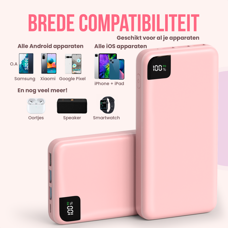 Strex Powerbank Roze - 27.000 mAh - 22.5W Snellader - USB-A/USB-C - LED Indicatie - Universele Powerbank geschikt voor o.a. iOS/Android