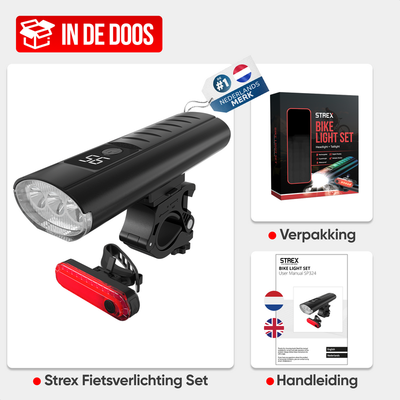 Strex Fietsverlichting Set LED 1600 lumen - Fietslamp Voorlicht & Achterlicht - Fietslampje - Fietsverlichting USB Oplaadbaar