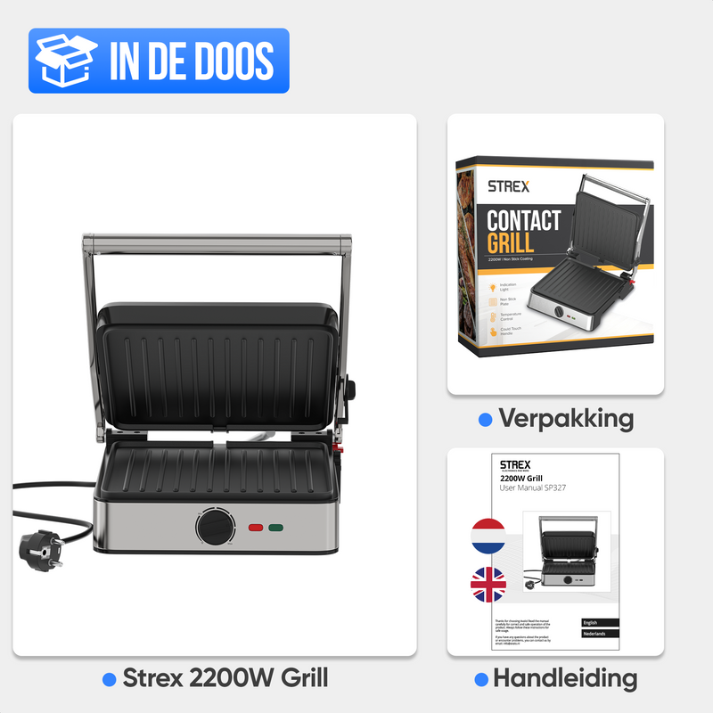 Strex Tosti Apparaat XL Met Temperatuurregeling - Contact Grill Apparaat - Tosti Ijzer - PFAS Vrij - 2200W
