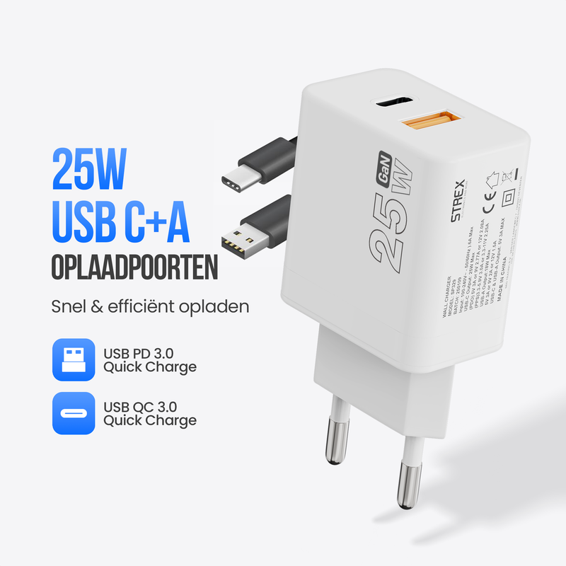 Strex USB Oplader 25W - Snellader met USB-A & USB-C - GaN - Wit – PD 3.0 + QC 3.0 - Inclusief USB-C Kabel