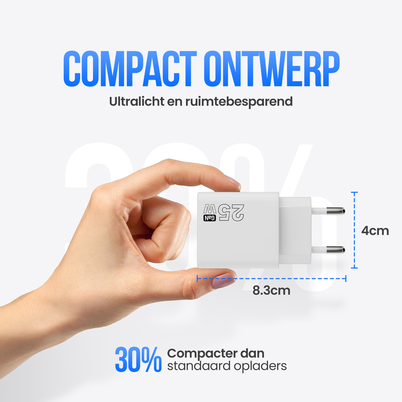 Strex USB Oplader 25W - Snellader met USB-A & USB-C - GaN - Wit – PD 3.0 + QC 3.0 - Inclusief USB-C Kabel