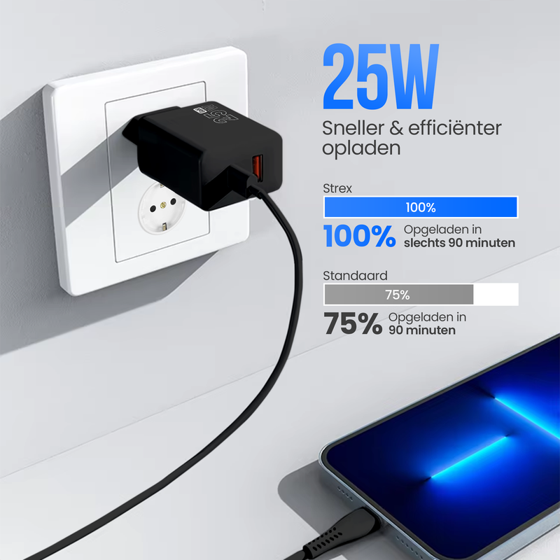 Strex USB Oplader 25W - Snellader met USB-A & USB-C - GaN - Zwart – PD 3.0 + QC 3.0 - Inclusief USB-C Kabel