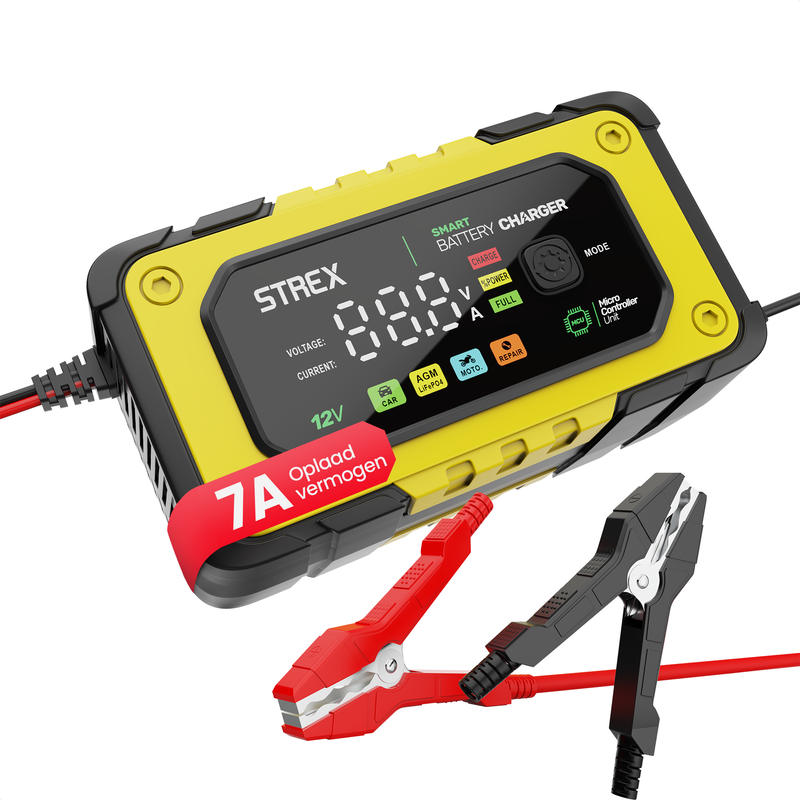 Strex 12V 7A Acculader – Druppel en Snellader met LCD Display – Voor Auto, Motor, Boot en AGM/Loodaccu’s – Reparatiemodus