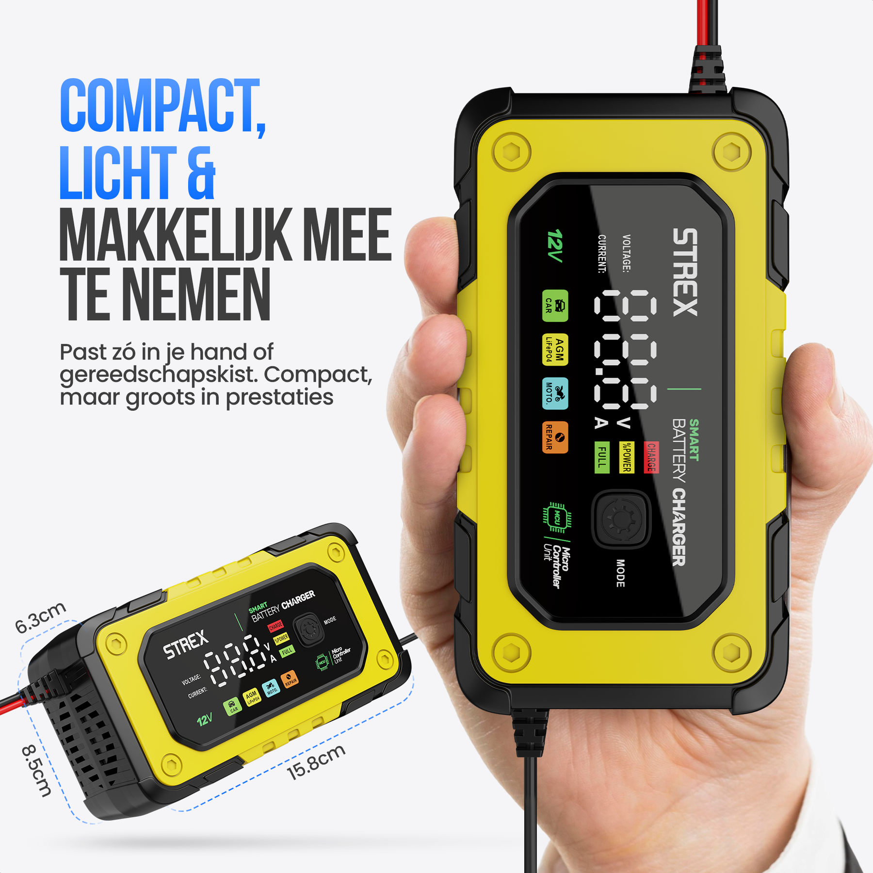 Strex 12V 7A Acculader – Druppel en Snellader met LCD Display – Voor Auto, Motor, Boot en AGM/Loodaccu’s – Reparatiemodus