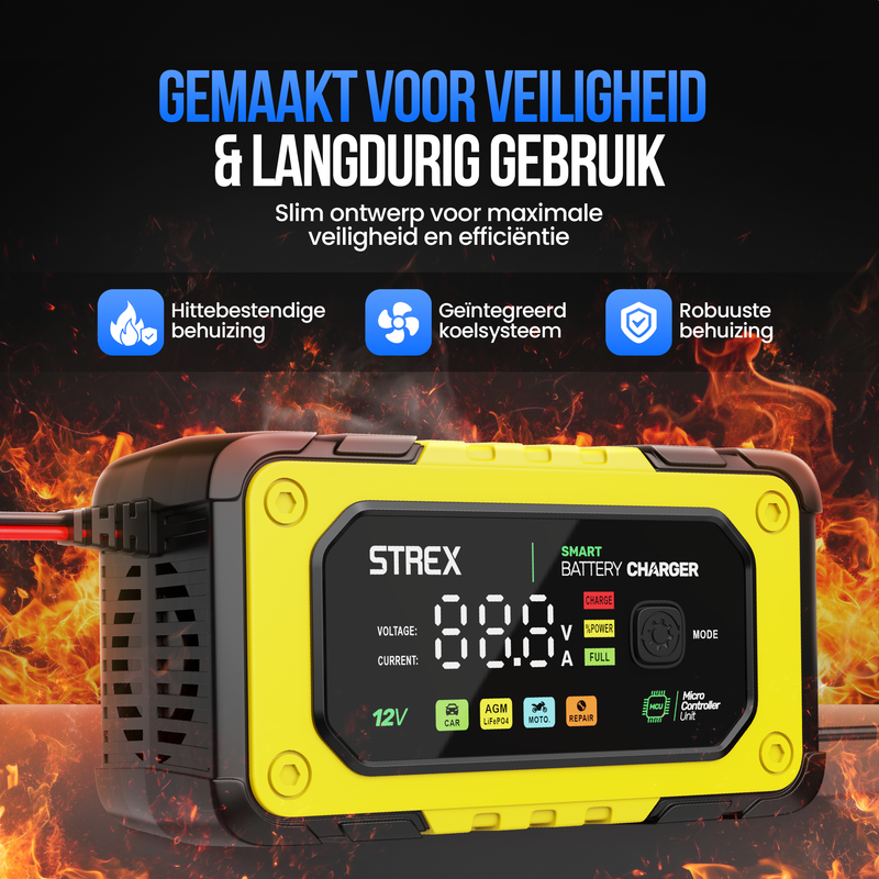 Strex 12V 7A Acculader – Druppel en Snellader met LCD Display – Voor Auto, Motor, Boot en AGM/Loodaccu’s – Reparatiemodus