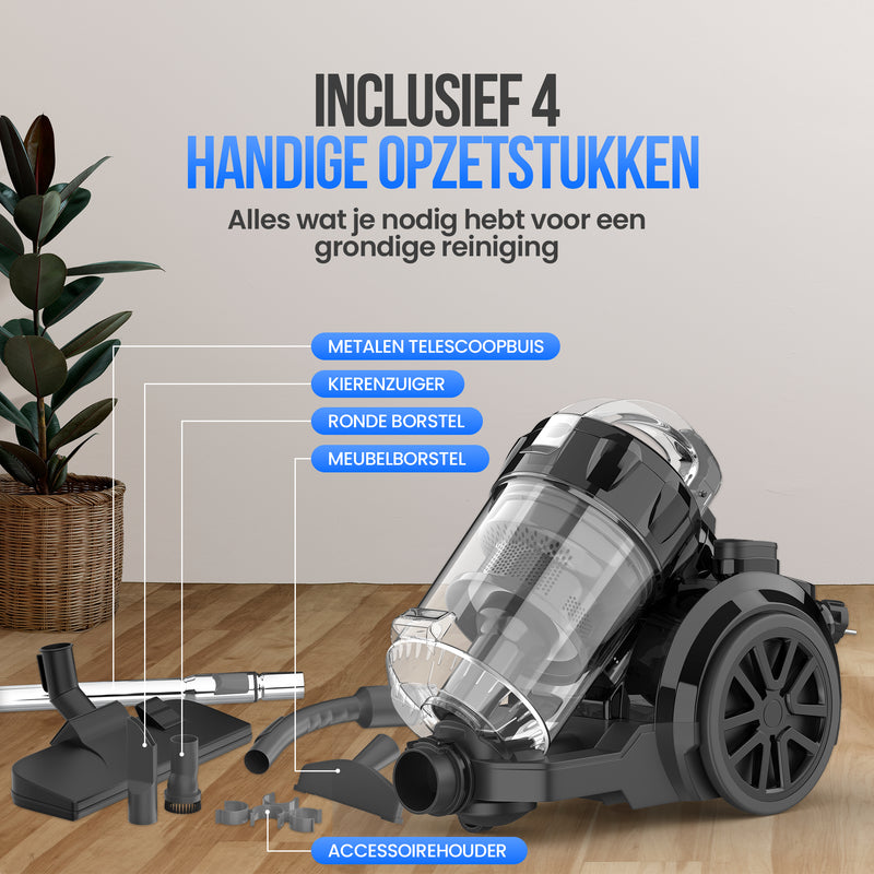Strex Stofzuiger Zonder Zak - 700W Krachtige Zakloze Stofzuiger - HEPA Filter - 2.5L Stofreservoir - Extra Lang Snoer - Inclusief 4 Opzetstukken