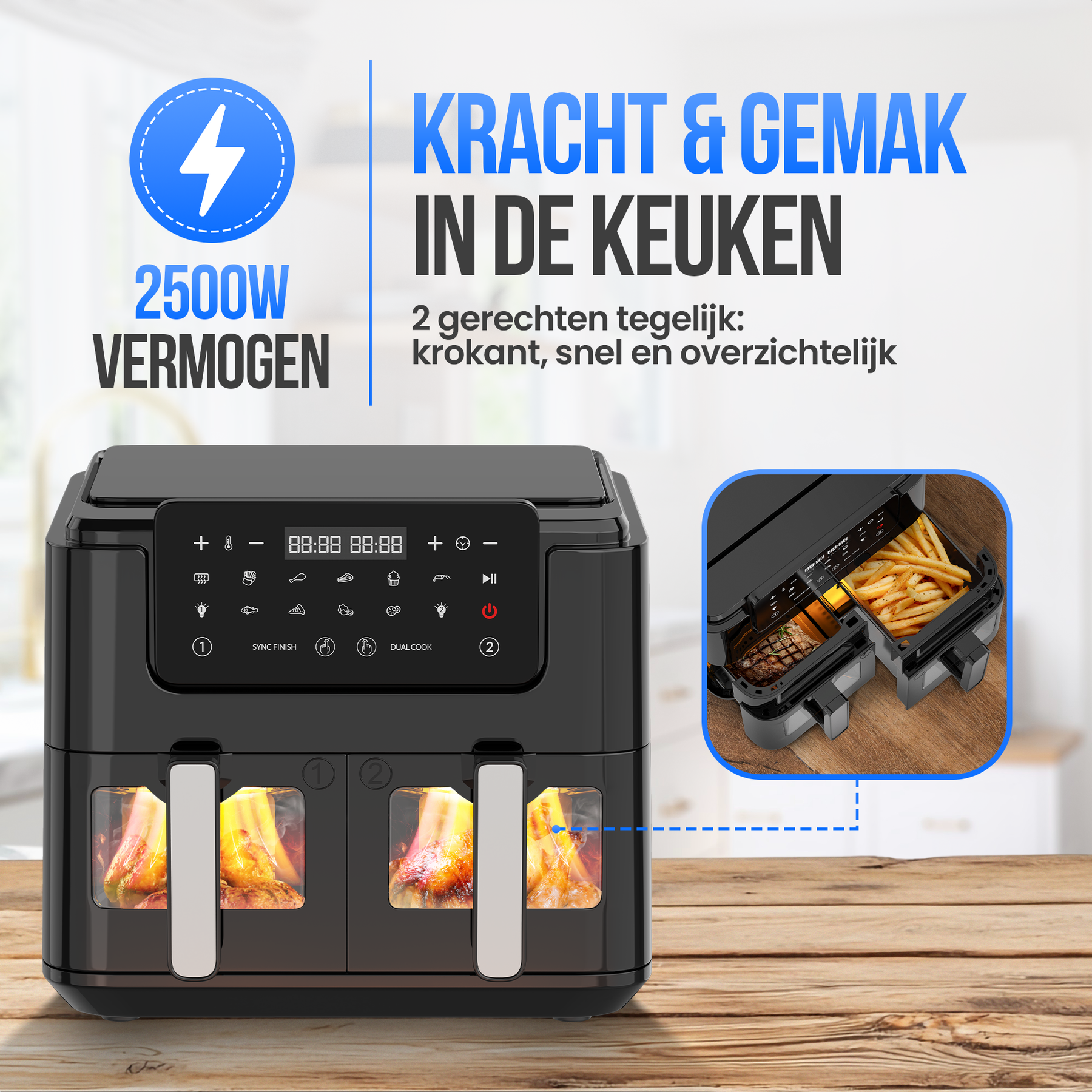 Strex Airfryer XXL - 10L - 2500W - Heteluchtfriteuse - Dubbele Airfryer - 50ºC tot 200ºC - 10 Kookprogramma's - Zwart