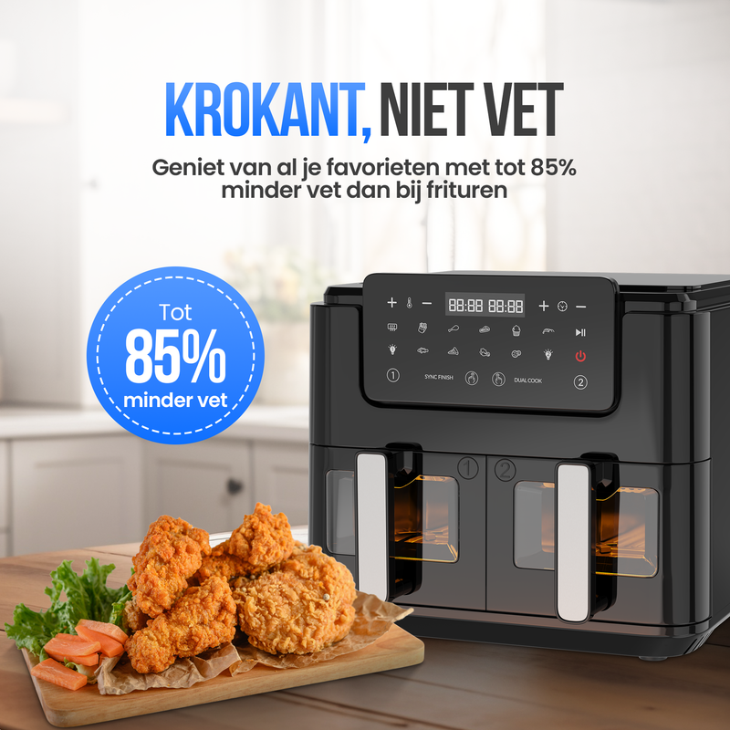Strex Airfryer XXL - 10L - 2500W - Heteluchtfriteuse - Dubbele Airfryer - 50ºC tot 200ºC - 10 Kookprogramma's - Zwart