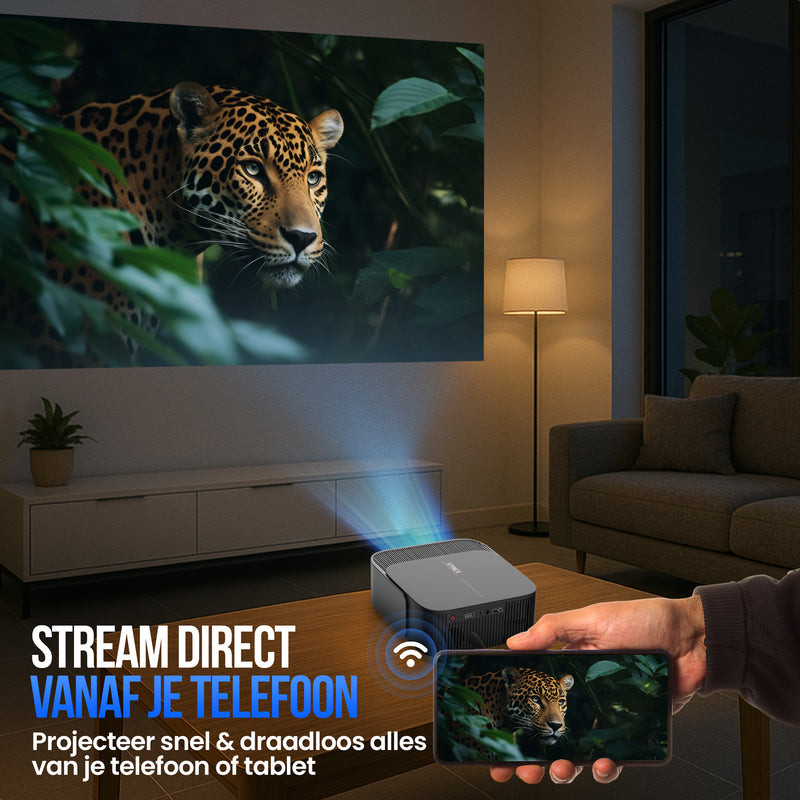 Strex Beamer - Smart 1080P Full HD Projector - 4K Ondersteuning - WiFi & Bluetooth - Ingebouwde Speakers - Draagbare Mini Beamer Thuisbioscoop - WhaleOS - Inclusief Opbergtas