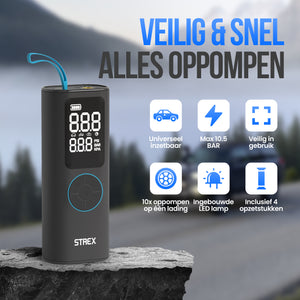 Strex Elektrische Bandenpomp - Draadloze Mini Compressor 3-in-1 - Auto, Fiets, Scooter, Bal & Luchtbed - Tot 10,5 bar / 150 PSI - 30L/min - 8000 mAh Powerbank & Zaklamp