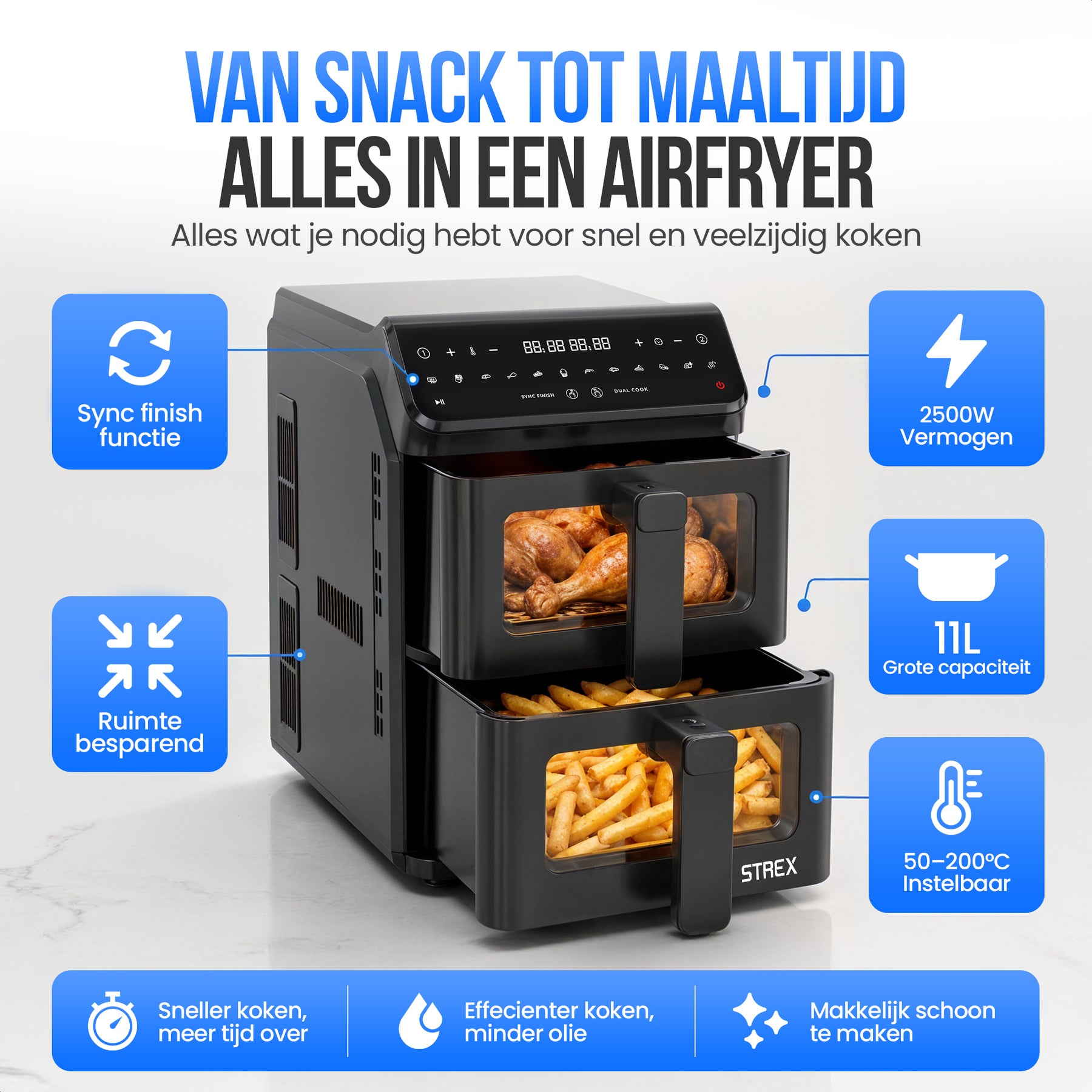 Strex Airfryer Dubbele Mand 11L XXL Heteluchtfriteuse 2500W - Airfryer 2 Manden - Dual Basket - 13 Kookprogramma's - Airfryer Verticaal Groot voor Gezin