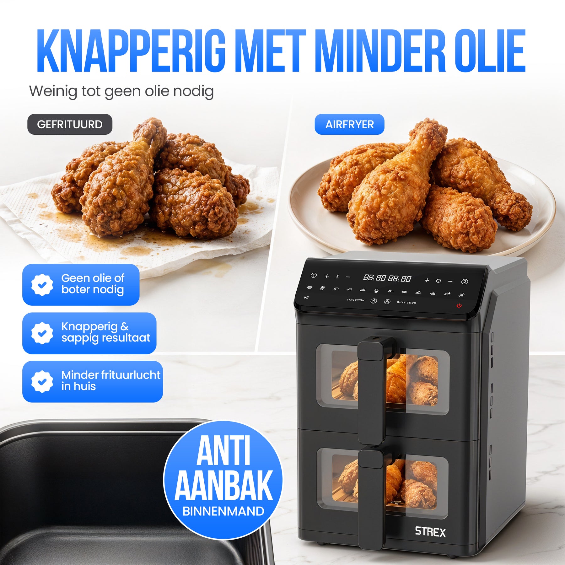 Strex Airfryer Dubbele Mand 11L XXL Heteluchtfriteuse 2500W - Airfryer 2 Manden - Dual Basket - 13 Kookprogramma's - Airfryer Verticaal Groot voor Gezin