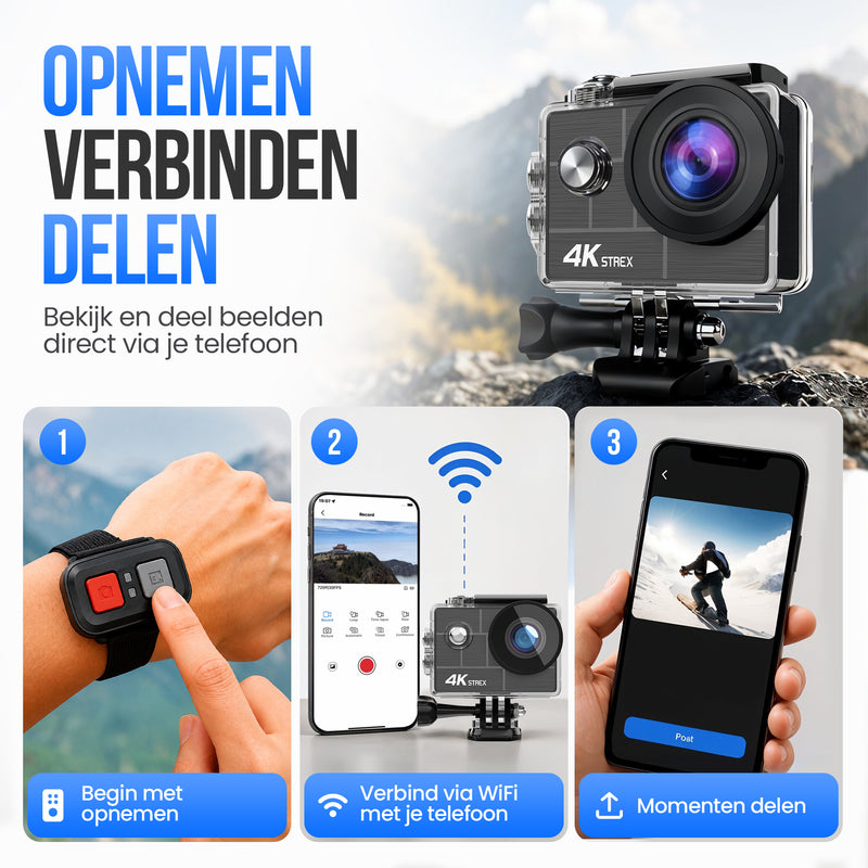 Strex Action Camera 4K 30MP - Tot 30 meter Waterdicht, EIS Stabilisatie & WiFi App - Waterdichte 60FPS Onderwatercamera - Bodycam - Actie camera