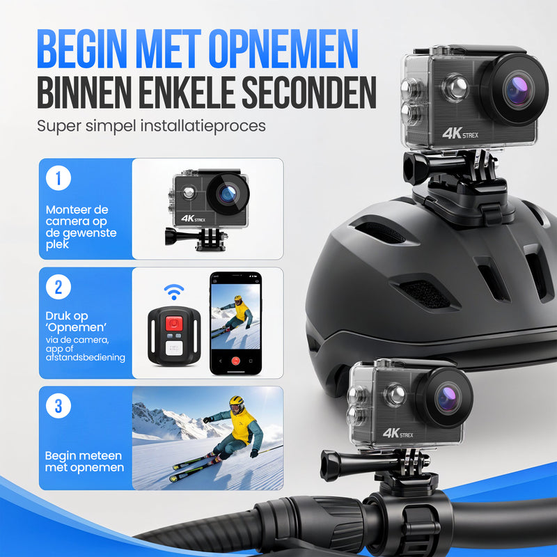 Strex Action Camera 4K 30MP - Tot 30 meter Waterdicht, EIS Stabilisatie & WiFi App - Waterdichte 60FPS Onderwatercamera - Bodycam - Actie camera