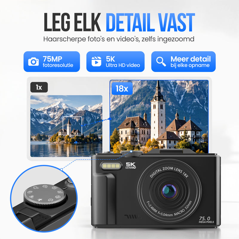 Strex Digitale Camera 5K 75MP - Fototoestel - Compactcamera met Wifi - Vlog Camera - Fotocamera voor Kinderen - 18x Zoom - Draaibaar Scherm - Zwart