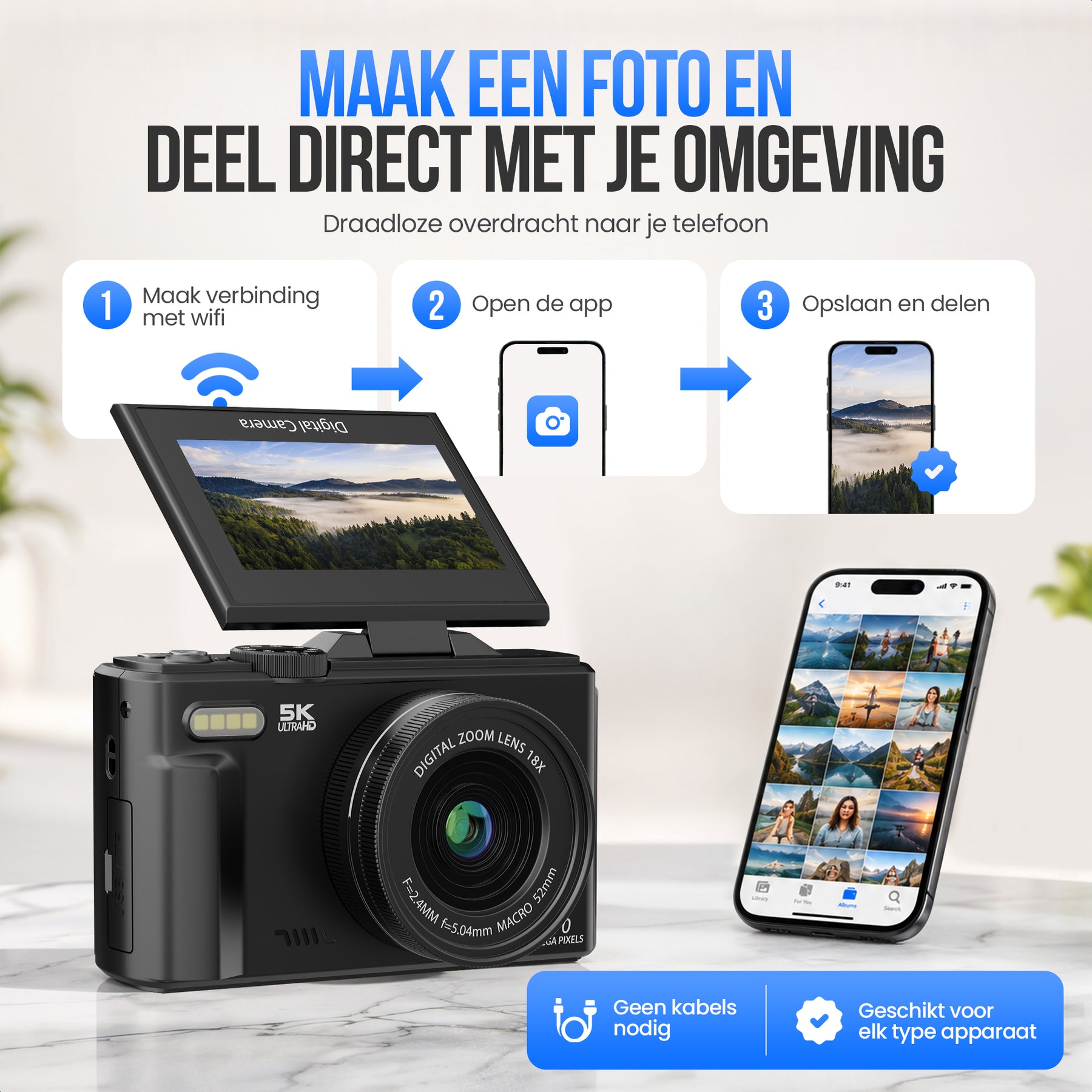Strex Digitale Camera 5K 75MP - Fototoestel - Compactcamera met Wifi - Vlog Camera - Fotocamera voor Kinderen - 18x Zoom - Draaibaar Scherm - Zwart