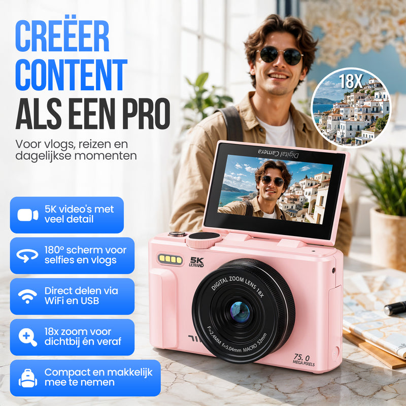 Strex Digitale Camera 5K 75MP - Fototoestel - Compactcamera met Wifi - Vlog Camera - Fotocamera voor Kinderen - 18x Zoom - Draaibaar Scherm - Roze