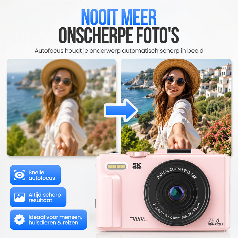 Strex Digitale Camera 5K 75MP - Fototoestel - Compactcamera met Wifi - Vlog Camera - Fotocamera voor Kinderen - 18x Zoom - Draaibaar Scherm - Roze
