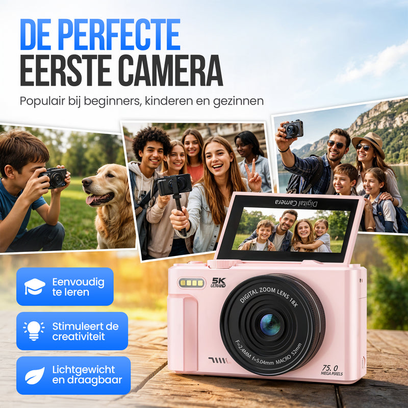 Strex Digitale Camera 5K 75MP - Fototoestel - Compactcamera met Wifi - Vlog Camera - Fotocamera voor Kinderen - 18x Zoom - Draaibaar Scherm - Roze