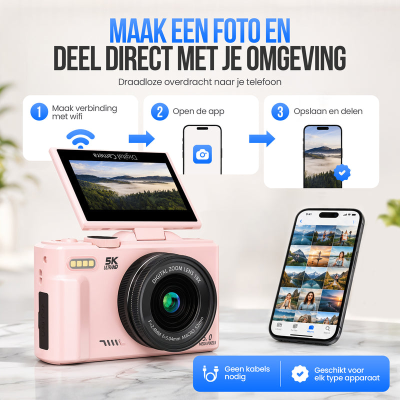 Strex Digitale Camera 5K 75MP - Fototoestel - Compactcamera met Wifi - Vlog Camera - Fotocamera voor Kinderen - 18x Zoom - Draaibaar Scherm - Roze