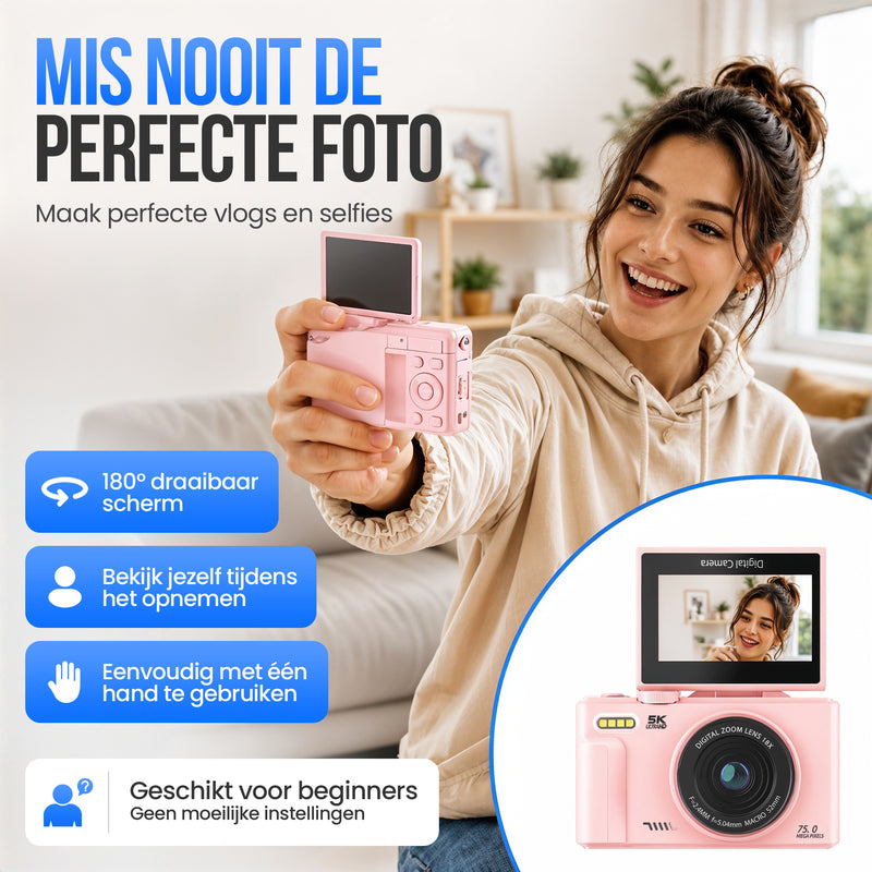 Strex Digitale Camera 5K 75MP - Fototoestel - Compactcamera met Wifi - Vlog Camera - Fotocamera voor Kinderen - 18x Zoom - Draaibaar Scherm - Roze