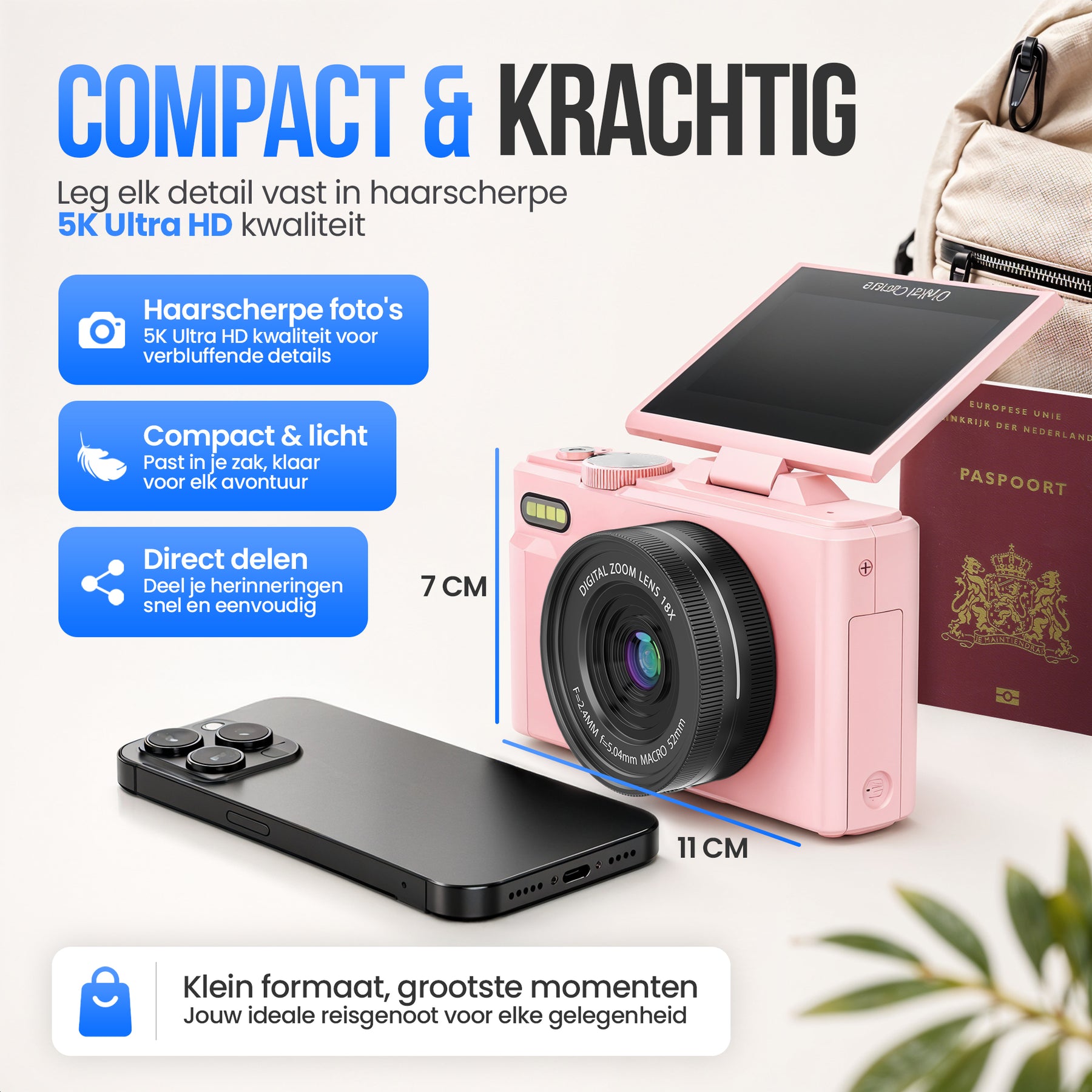 Strex Digitale Camera 5K 75MP - Fototoestel - Compactcamera met Wifi - Vlog Camera - Fotocamera voor Kinderen - 18x Zoom - Draaibaar Scherm - Roze